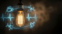 Vintage Edison bulb surrounded by glowing blue digital icons representing modern technology, innovation and creative ideas on dark background.