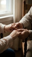 Elderly couple holding hands in warm sunlight showing love, care and support in comfortable home setting with soft natural lighting.