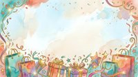 Watercolor celebration background with ornate swirls, colorful gift boxes, and presents arranged at bottom, featuring soft pastel tones and decorative flourishes. Suitable for greeting cards, invitations, and festive designs.