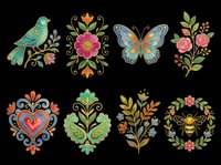 Folk art embroidery patch set with bird, butterfly, bee, heart, and floral elements, isolated on transparent background. Great for stickers, t-shirt design, and print on demand.