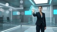 Professional woman in dark business suit interacting with holographic interface in modern office environment, representing technology innovation and digital transformation.