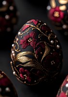 Luxurious black Easter egg decorated with burgundy flowers and golden leaves pattern, adorned with pearls and intricate details on dark background.