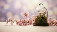 Glass cloche dome with moss and dried flowers surrounded by pink cherry blossoms on soft bokeh background for spring decor and botanical styling.