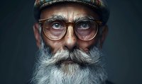 Close up portrait of senior Caucasian man with long white beard, handlebar mustache wearing vintage glasses and tweed cap against dark background. Dramatic lighting highlights eyes.