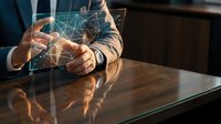 Businessman hands holding glowing digital network connections over wooden desk in modern office environment for technology and business concepts.