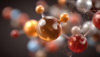 Abstract molecular structure with golden and red spheres connected by glowing lines on dark background, illustrating scientific concept or chemical bonds.