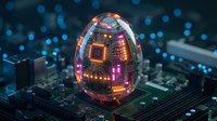 Glowing egg-shaped microchip with illuminated circuit patterns in orange and purple sits on motherboard with bokeh lights, representing artificial intelligence and technology innovation.