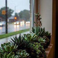 Succulent plants on windowsill during rainy day with blurred street lights creating cozy indoor atmosphere for home decor and gardening concepts.