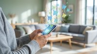 Mobile shopping app with floating cart icons and payment symbols on smartphone screen in modern living room interior.
