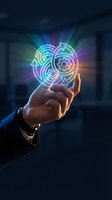 Hand holding glowing neon brain and gear symbols representing artificial intelligence, innovation, and technology solutions for business and digital transformation concepts.