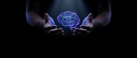 Hands protecting glowing blue brain hologram symbolizing mental health care, artificial intelligence, and neurological protection in dark environment.