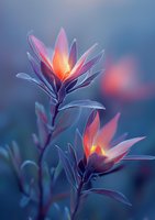 Glowing orange flowers with purple petals against blue twilight background, soft focus macro photography creating dreamy botanical art effect.