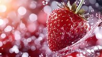 Fresh ripe strawberry with water drops and splash on blurred bokeh background, dramatic lighting creates appetizing food photography effect.