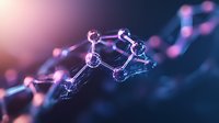 Glowing molecular structure with interconnected atoms and bonds in blue and pink colors against dark background, scientific concept for chemistry and research.