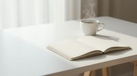 Open notebook with blank pages on white desk next to steaming coffee cup, ideal for writing, journaling, education, and creative work projects.