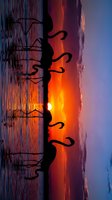 Silhouetted bare tree branches against dramatic sunset sky with vibrant orange and red flames reflecting on calm water surface during golden hour. Use for nature, landscape, and environmental themes.