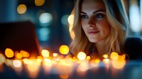 Young blonde woman working late at laptop with warm bokeh lights creating cozy atmosphere, close up portrait in dark room with soft evening illumination.