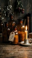 Vintage amber apothecary bottles with a sorry tag, lit candle, dried herbs, and old books on a rustic wooden table in moody dark setting.