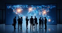 Business professionals silhouettes standing before illuminated world map with network connections, representing global commerce and international collaboration.