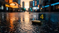 Crime scene investigation evidence marker number 4 on wet urban street at night with police lights and city background for forensic training materials.