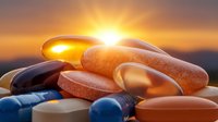 Colorful pharmaceutical pills and capsules against dramatic sunset sky background with sun rays, medical concept for healthcare and medicine.