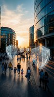 Modern office buildings with digital security shield protecting pedestrians in urban plaza during golden hour sunset creating futuristic cityscape atmosphere.