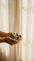 Cupped hands holding smooth river stones with small white flowers in soft natural light for wellness and mindfulness concepts.
