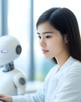 Young Asian woman in white lab coat working with humanoid robot assistant in modern office setting, representing artificial intelligence and future workplace.