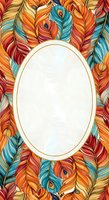 Ornate feather frame with vibrant red, orange, yellow, and teal peacock feathers surrounding an isolated oval white space, ready for design use on invitations, posters, and promotional materials.