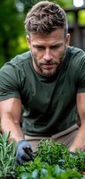 Muscular Caucasian man with gray hair and beard wearing green t-shirt and protective gloves tends to herbs and plants in garden, focused expression while gardening.