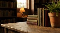 Stack of aged books on wooden desk with potted fern plant, warm lamp glow, and library shelves in background. Perfect for education, literature, and vintage study room themes.