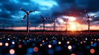 Wind turbines silhouetted against dramatic sunset sky with glowing bokeh lights in foreground creating magical atmosphere for renewable energy concept.