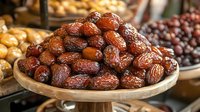 Fresh organic medjool dates piled on wooden plate, close up view of sweet dried fruits. Natural healthy snack with rich brown color and glossy texture.