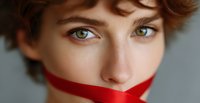Close up portrait of young woman with green eyes and red ribbon across mouth, symbolizing silence and censorship against gray background.