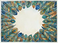 Decorative peacock feathers frame with ornate patterns and vibrant colors on textured background for bohemian design projects and artistic layouts.