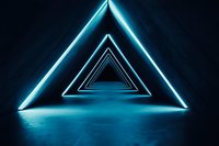 Futuristic triangular tunnel with glowing neon blue light frames creating perspective depth on dark reflective floor, modern abstract architectural background.