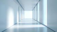 Modern empty corridor with white walls and bright natural light streaming through large windows, suitable for corporate, office, and architectural design projects.