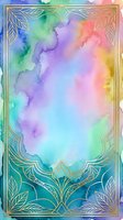 Watercolor gradient background with soft pastel colors blending from blue, purple, pink, yellow and green, framed by ornate gold leaf decorative borders and botanical elements.