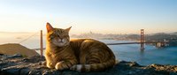Orange tabby cat sitting on rocky cliff overlooking famous suspension bridge and city skyline during golden hour sunset with calm blue water below.