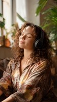 Young mixed race woman with curly hair wearing wireless headphones and floral dress relaxing with eyes closed in sunlit room with houseplants.