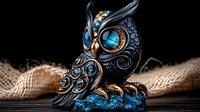 Decorative owl figurine with ornate metallic details and blue gemstone accents on black background, mystical steampunk style sculpture against rustic burlap texture.