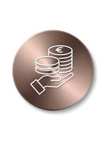 Rose gold circular icon featuring white line art of hand holding euro coin stacks for financial apps and business presentations.
