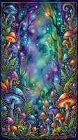 Enchanted forest scene with glowing mushrooms, luminescent plants, and magical particles in vibrant purple, blue, and gold tones. Ornate decorative border with botanical elements. Fantasy artwork for posters, wall art, and creative projects.