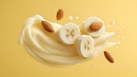 Creamy milk splash with fresh banana slices and almonds on yellow background for healthy breakfast smoothie advertising and food packaging design.