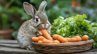 Adorable brown and white bunny rabbit eating fresh carrots from wicker basket with green lettuce on rustic wooden table in garden setting. Perfect for Easter themes.
