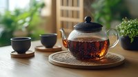 Glass teapot with freshly brewed dark tea on wooden coaster, black ceramic cups, and green plants in background creating cozy atmosphere for tea ceremony.