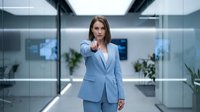 Professional businesswoman in light blue suit pointing forward in modern glass office corridor with confident gesture for corporate leadership concepts.