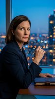 Professional businesswoman in dark suit holding pen at office desk with city skyline view during evening hours for corporate presentations.