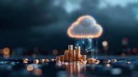 Digital cloud raining binary code onto stacked gold coins, representing cloud computing financial technology and cryptocurrency investment on dark background.