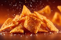 Golden crispy tortilla chips with salt crystals falling against warm orange background for snack food advertising and restaurant menus.